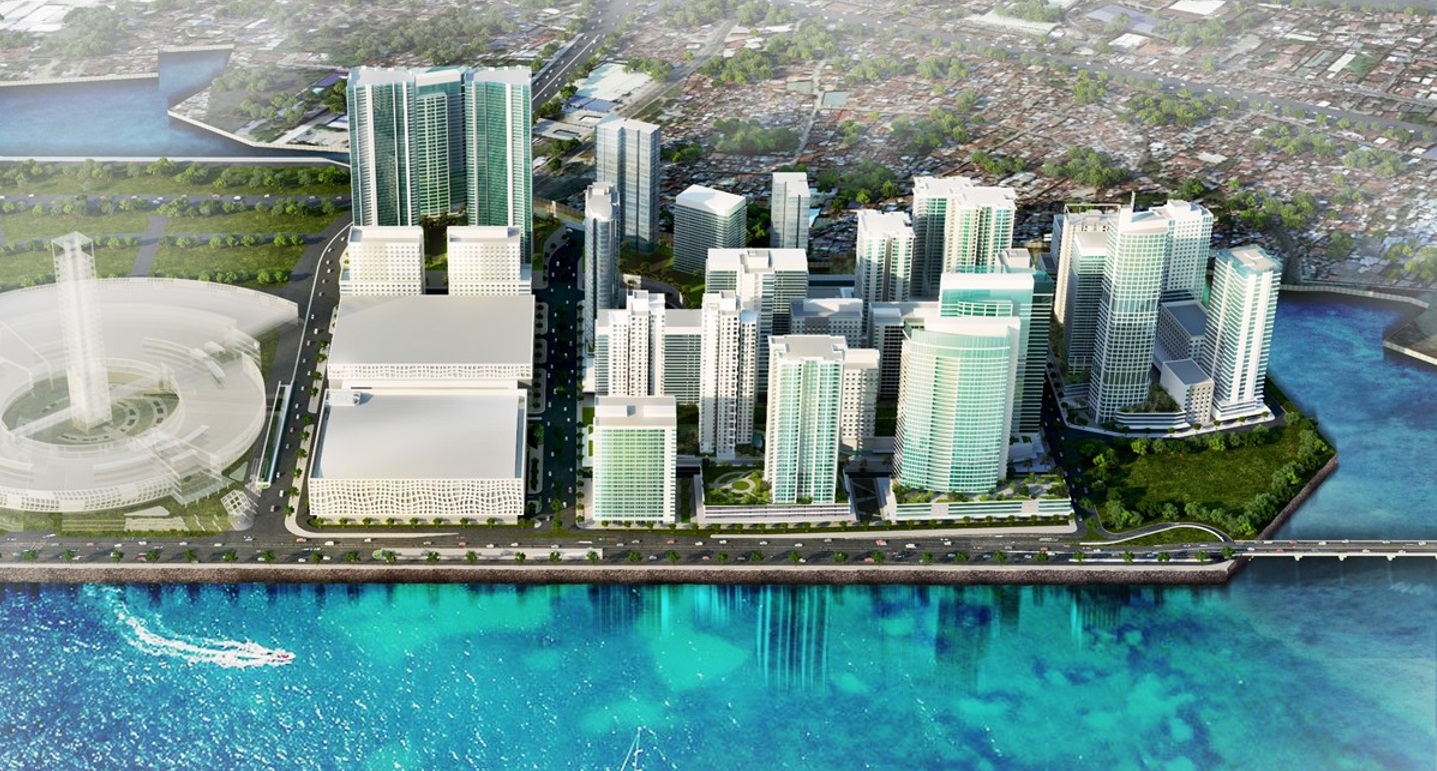 New high rise office blocks over looking crystal clear water