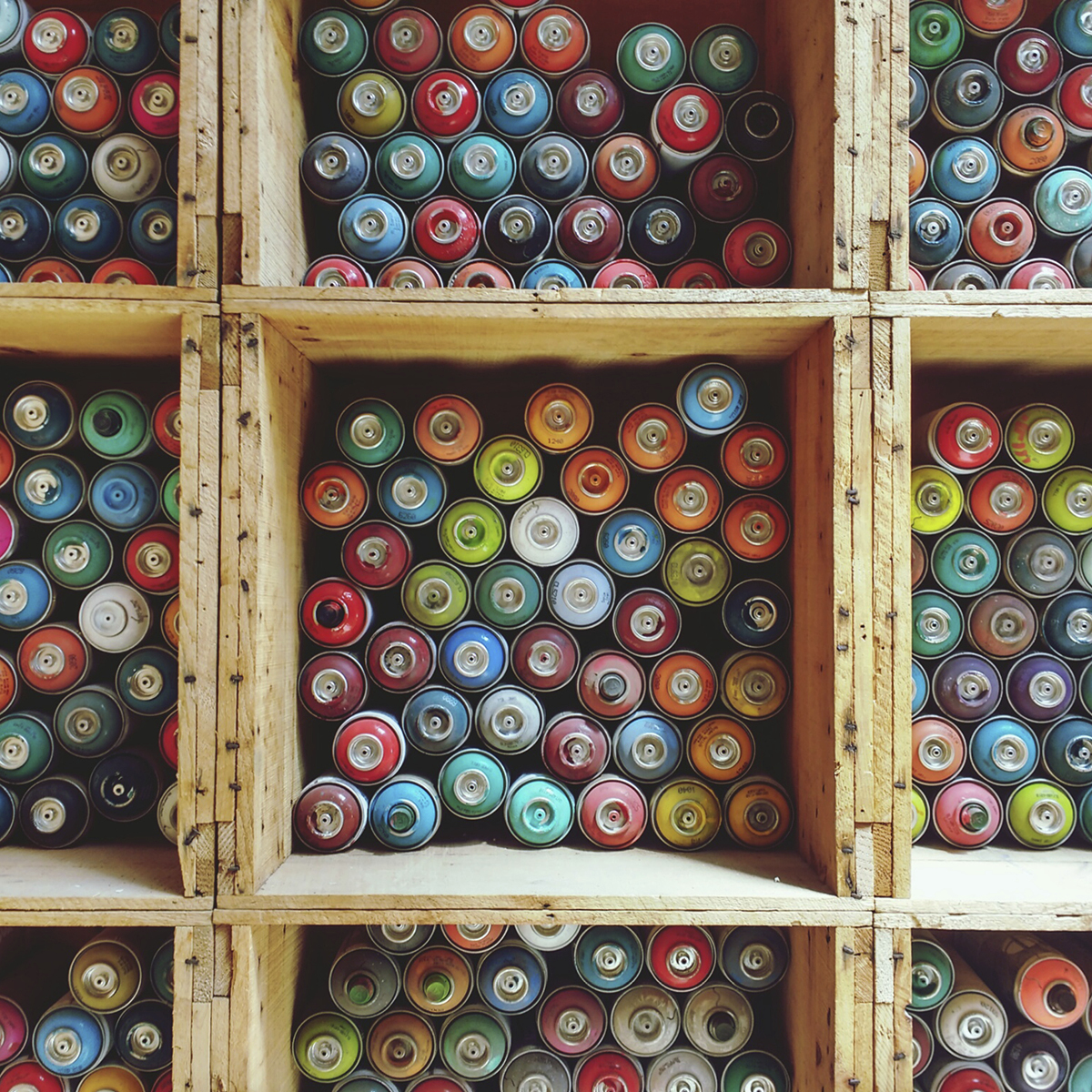 Boxes of colourful spraypaints