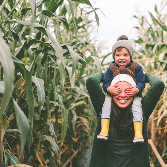child on parents shoulders in corn field